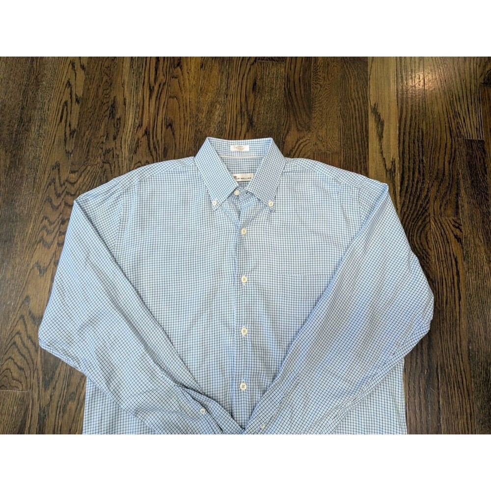 Peter Millar Button Down Dress Shirt Men's M  Plaid Blue Black White 100% Cotton